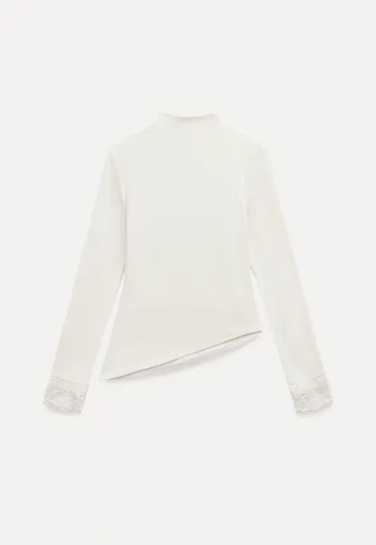 Women Cream White Lace Cuff High Neck Tee