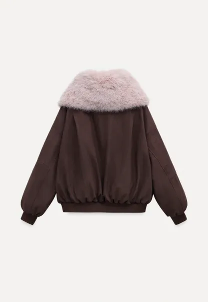Women Fuzzy Collar Suede Jacket Warm Outerwear