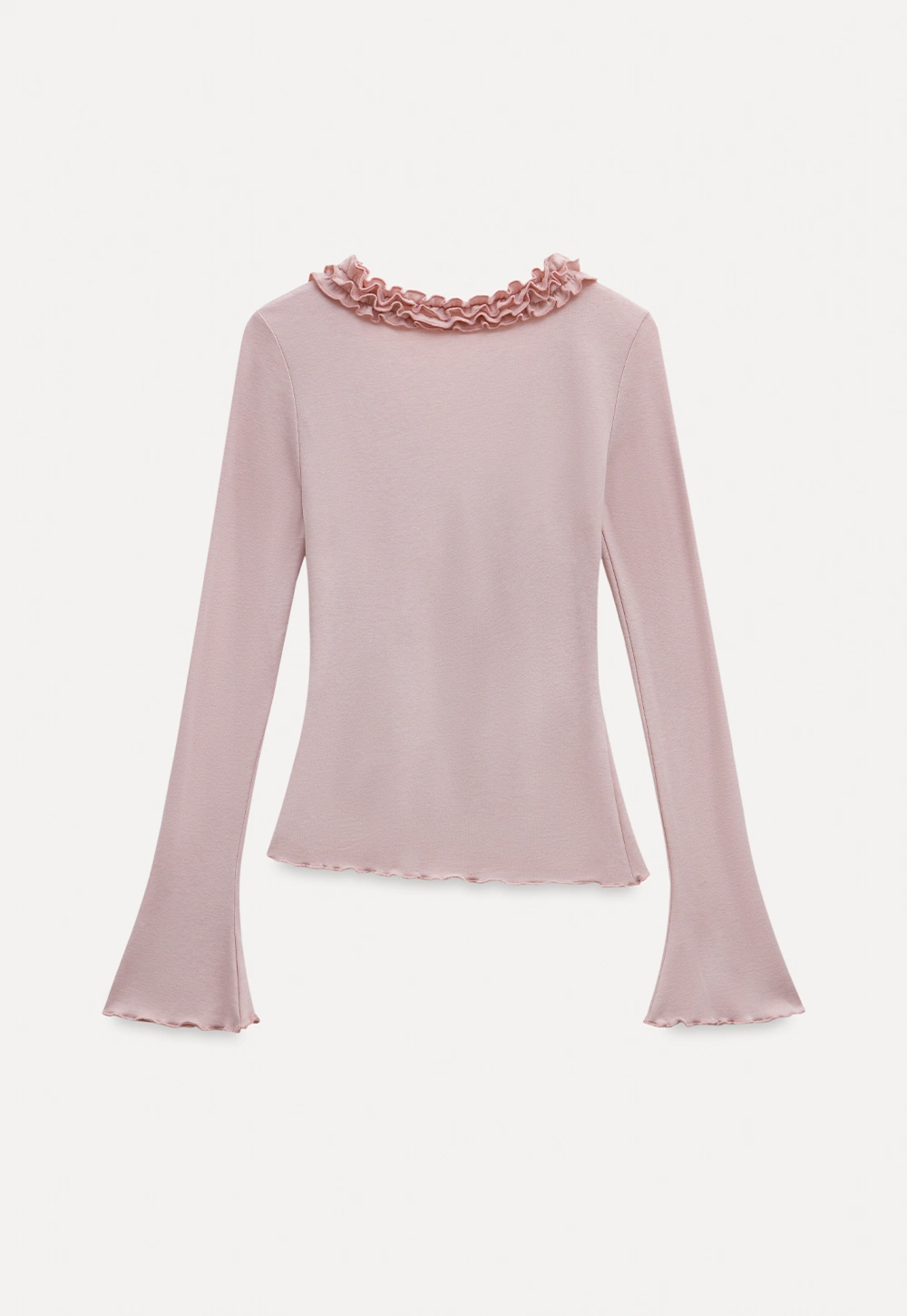 Ruffled V Neck Slim Fit Long Sleeve Tee