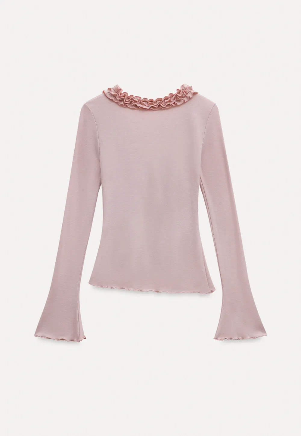 Ruffled V Neck Slim Fit Long Sleeve Tee