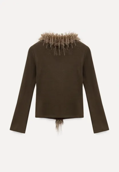 Women Faux Fur Collar Long Sleeve Knit Top