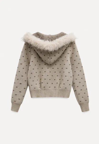 Vintage Knit Hooded Cardigan Women Faux Fur Coat