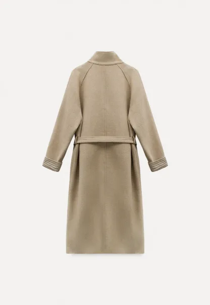 Womens Stand Collar Toggle Wool Coat with Plaid Trim