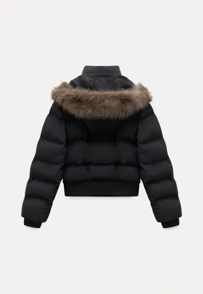 Stylish Black Winter Coat Jacket with Fur Hood