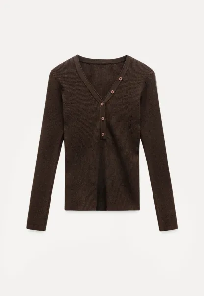 Womens Ribbed Long Sleeve V-Neck Button Top