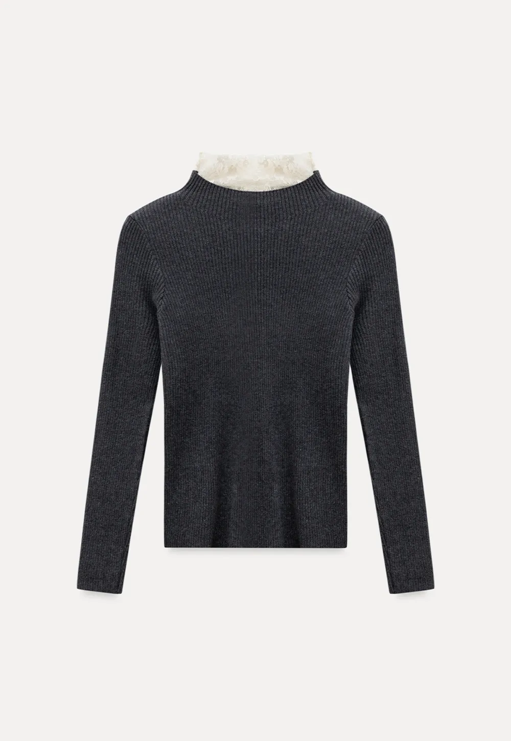 Womens Ribbed Mock Neck Top with Lace Buttons