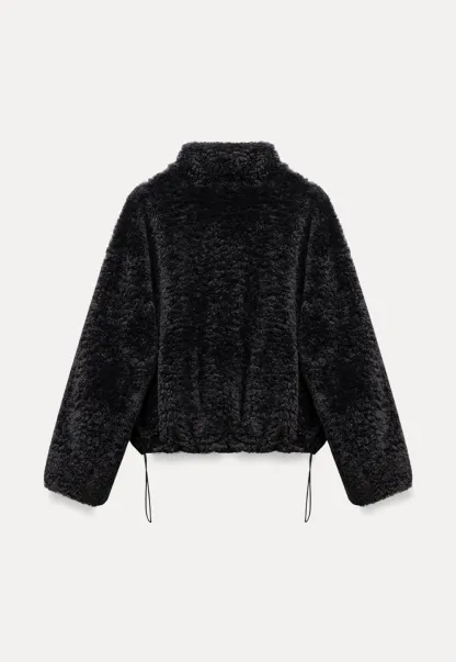 Womens Oversized Stand Collar Faux Leather and Sherpa Jacket