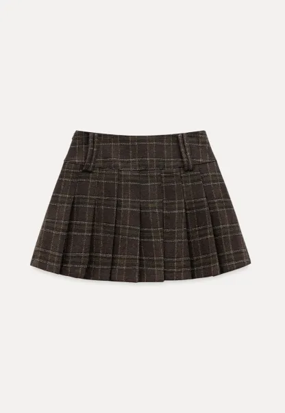 Womens Plaid Pleated Mini Skirt with Button Detail