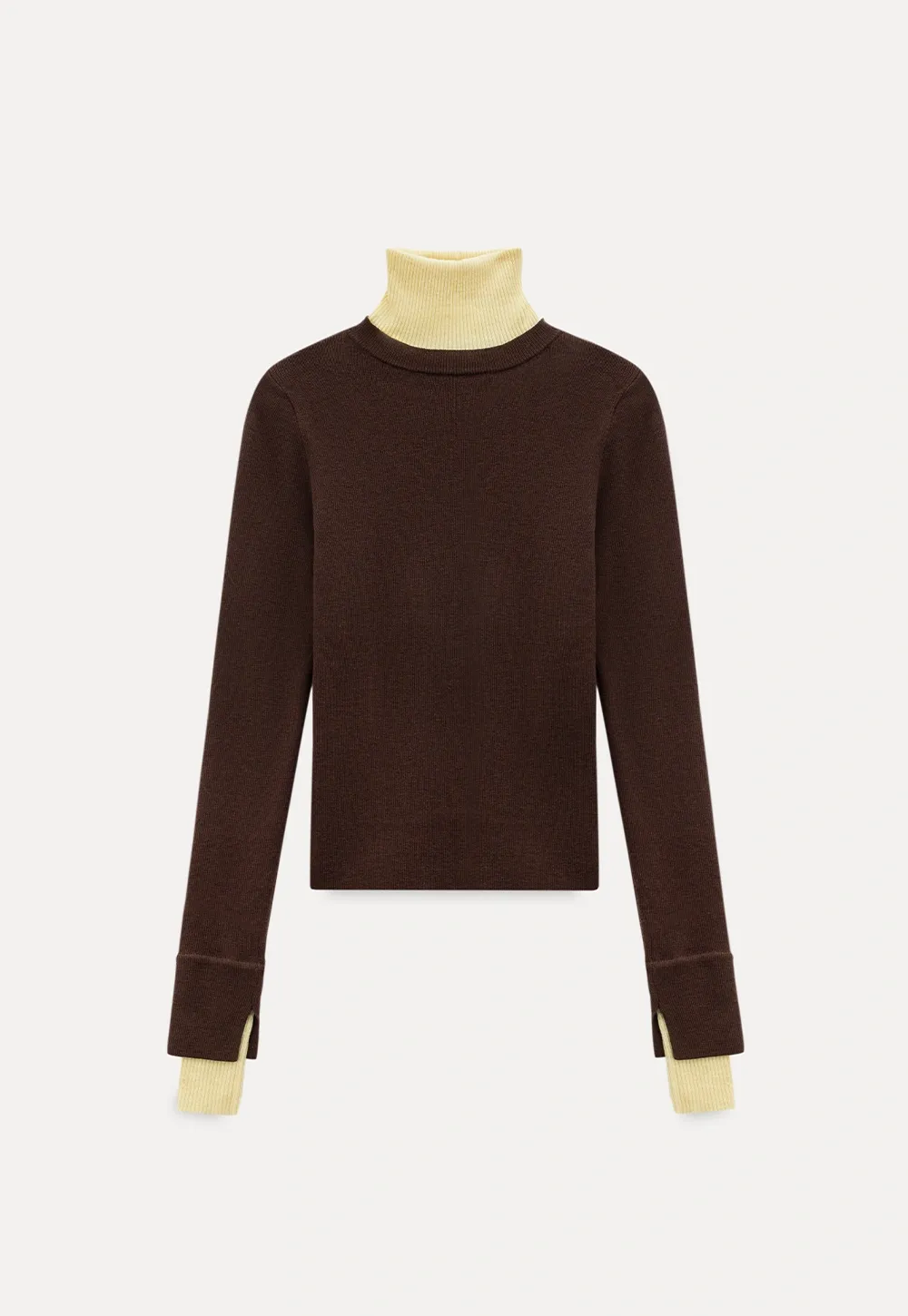 Casual Brown Turtleneck Sweater with Yellow Cuffs