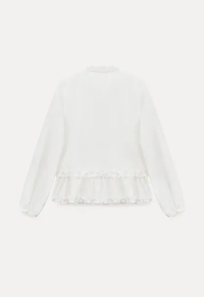 Lace Trim Ruffled Blouse with Tie Neck