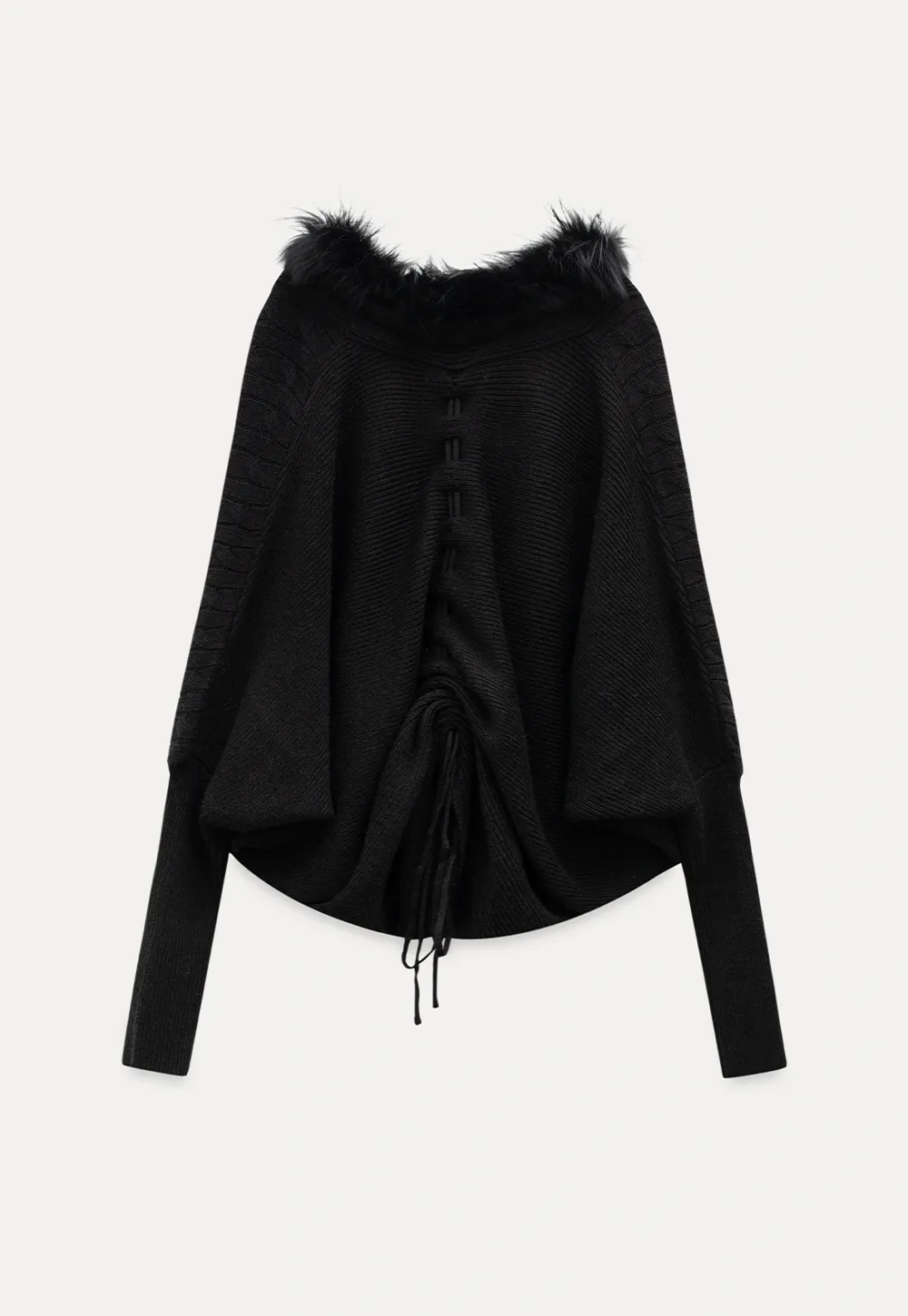Faux Fur Collar Cable Knit Poncho Sweater for Women