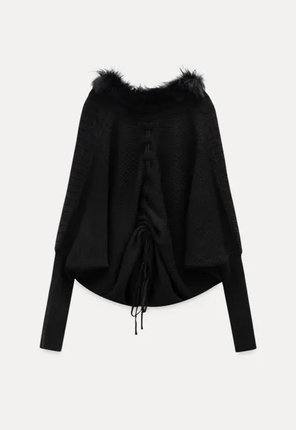 Faux Fur Collar Cable Knit Poncho Sweater for Women