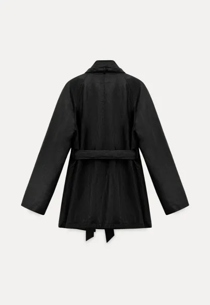 Stand Collar Mid-Length Coat with Plaid Splice and Belt