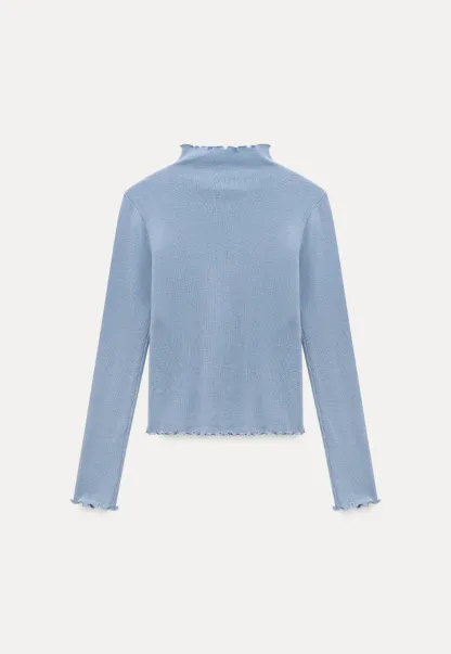 Chic Light Blue Ruffle Trim Turtleneck Sweater