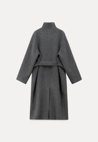 Women Classic Wool Coat with Button Details and Waist Belt