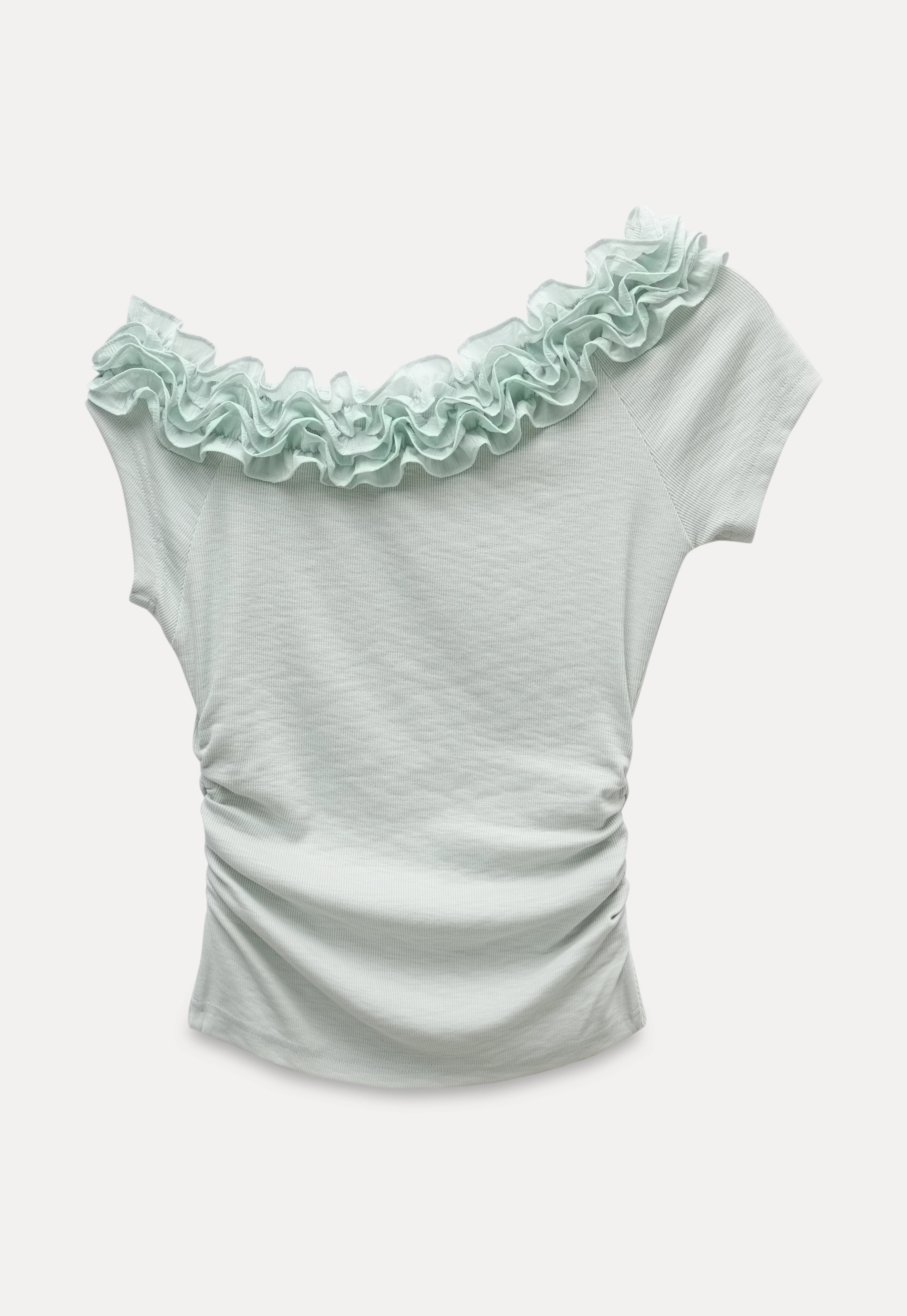 むぎちゃむFRILL HALF SLEEVE HAND KNIT TOPS Ruffled Off-Shoulder Fitted Knit Top – EGGKA