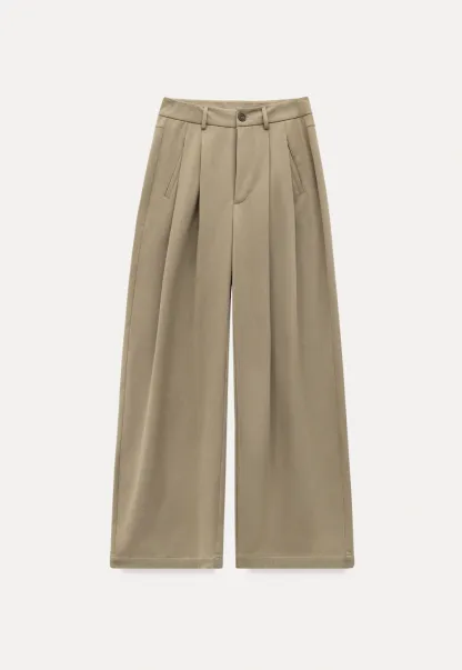 Casual Beige Wide-Leg Pants with Pleat Detail
