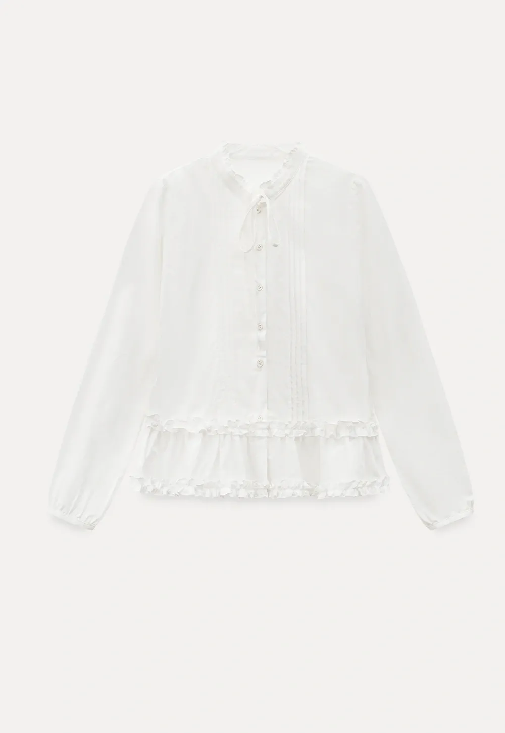 Lace Trim Ruffled Blouse with Tie Neck