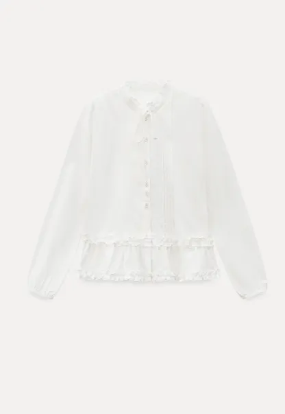 Lace Trim Ruffled Blouse with Tie Neck