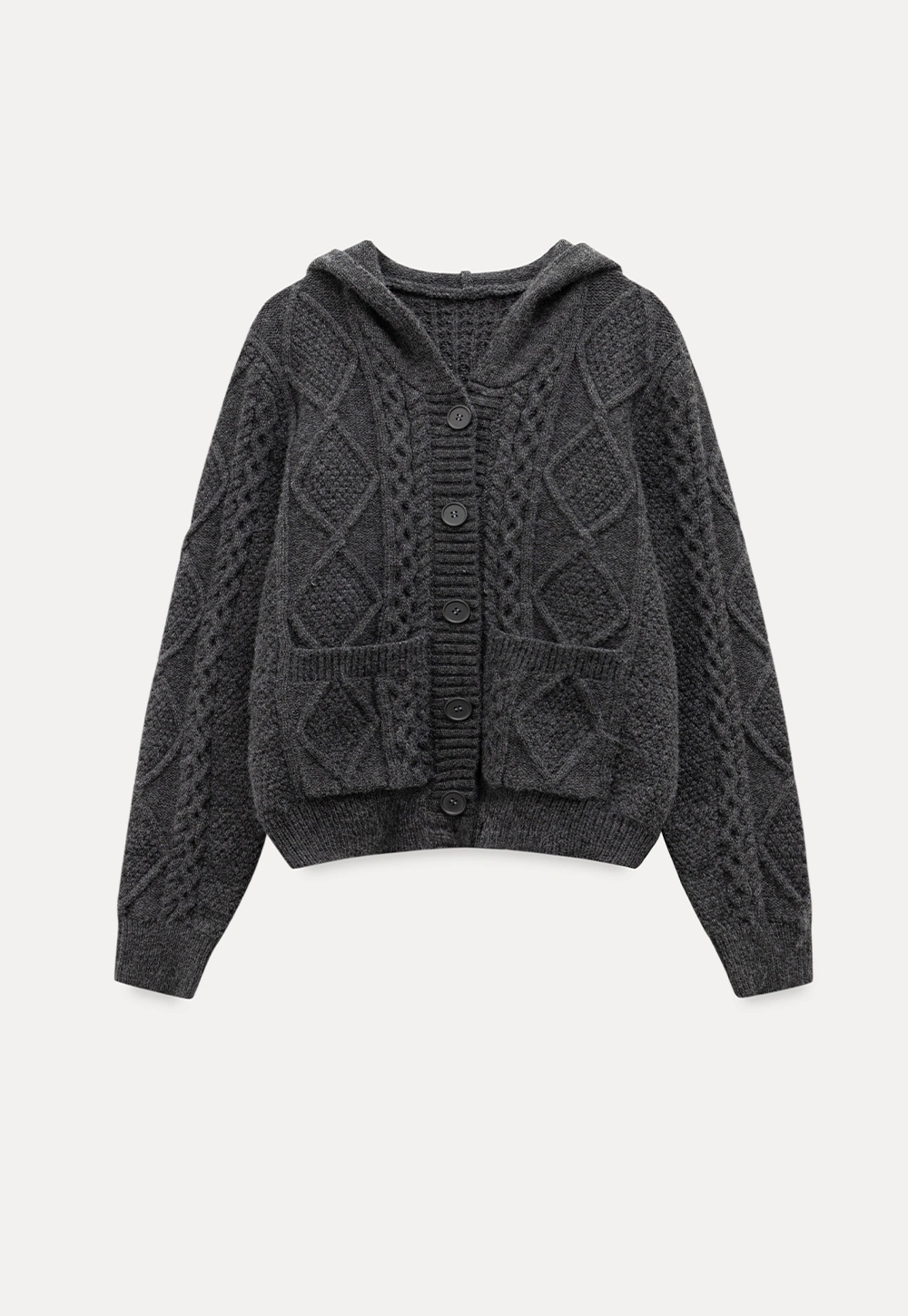 Classic Cable Knit Cardigan with Hood and Button Closure