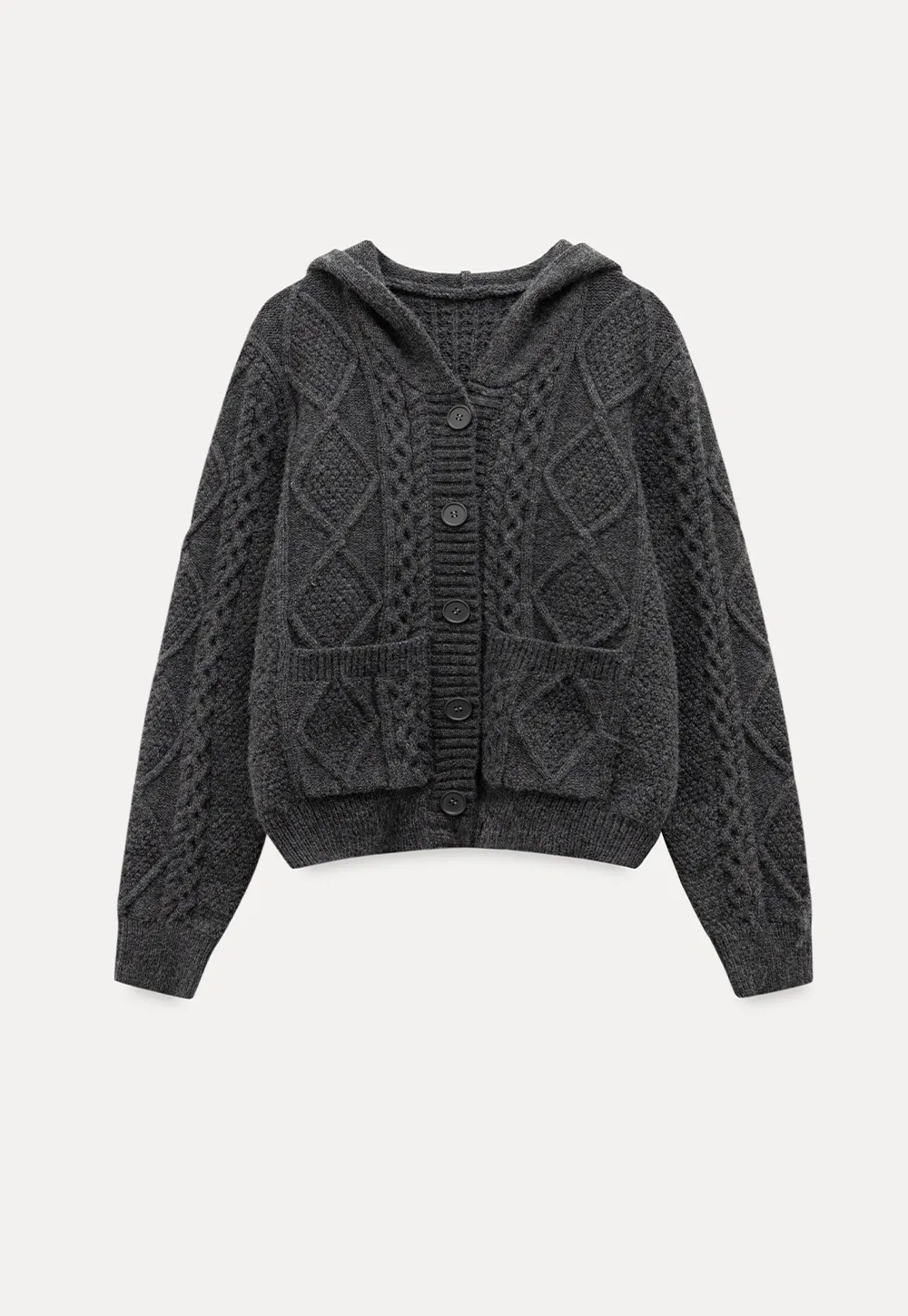 Classic Cable Knit Cardigan with Hood and Button Closure