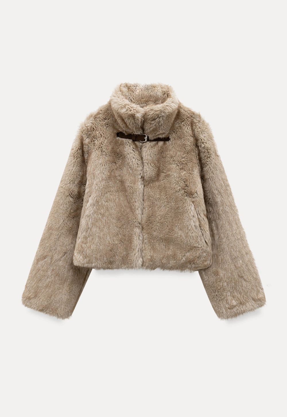 Women Faux Fur Cropped Jacket with Buckle Closure