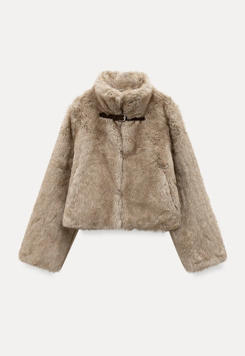 Women Faux Fur Cropped Jacket with Buckle Closure