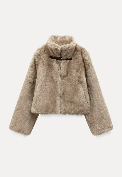 Women Faux Fur Cropped Jacket with Buckle Closure