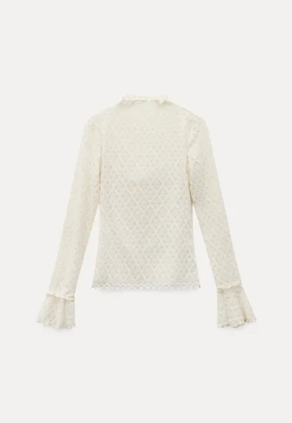 Elegant White Floral Lace Knit Long Sleeve Blouse