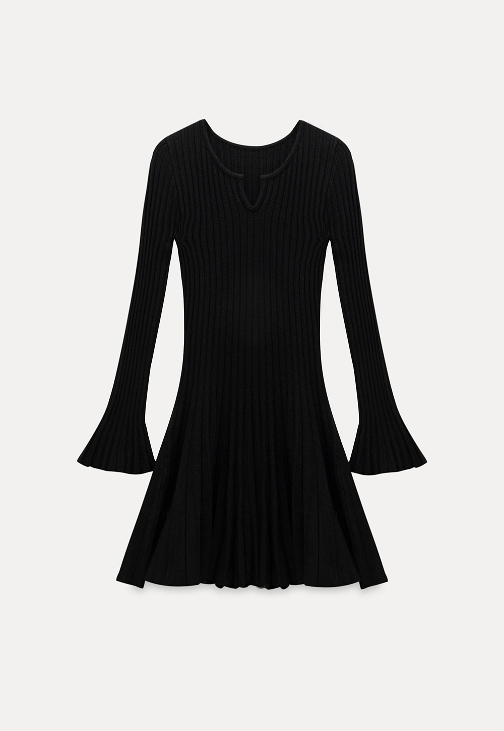 Black Pleated Dress with Bell Sleeves for Women
