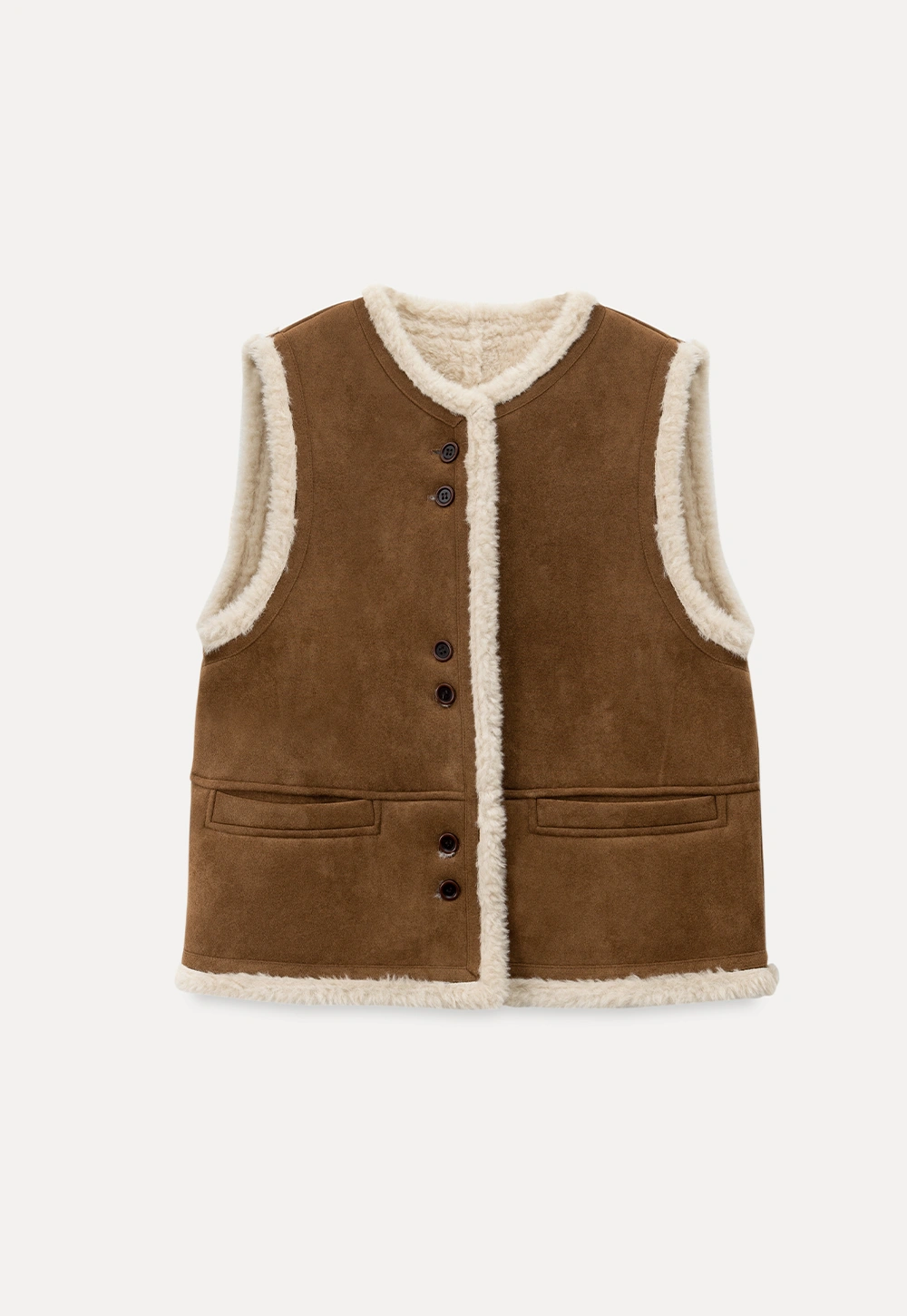 Women Brown Suede Shearling Vest with Warm Fleece Lining