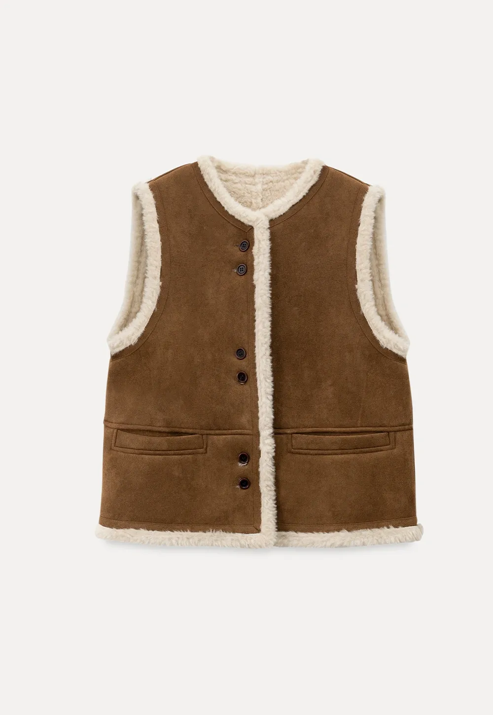 Women Brown Suede Shearling Vest with Warm Fleece Lining