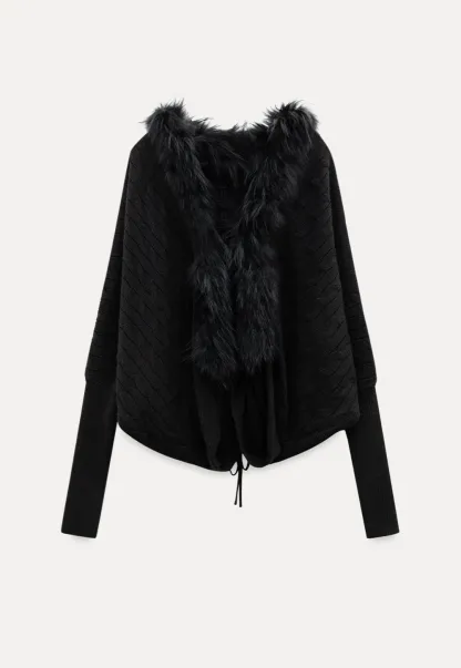 Faux Fur Collar Cable Knit Poncho Sweater for Women