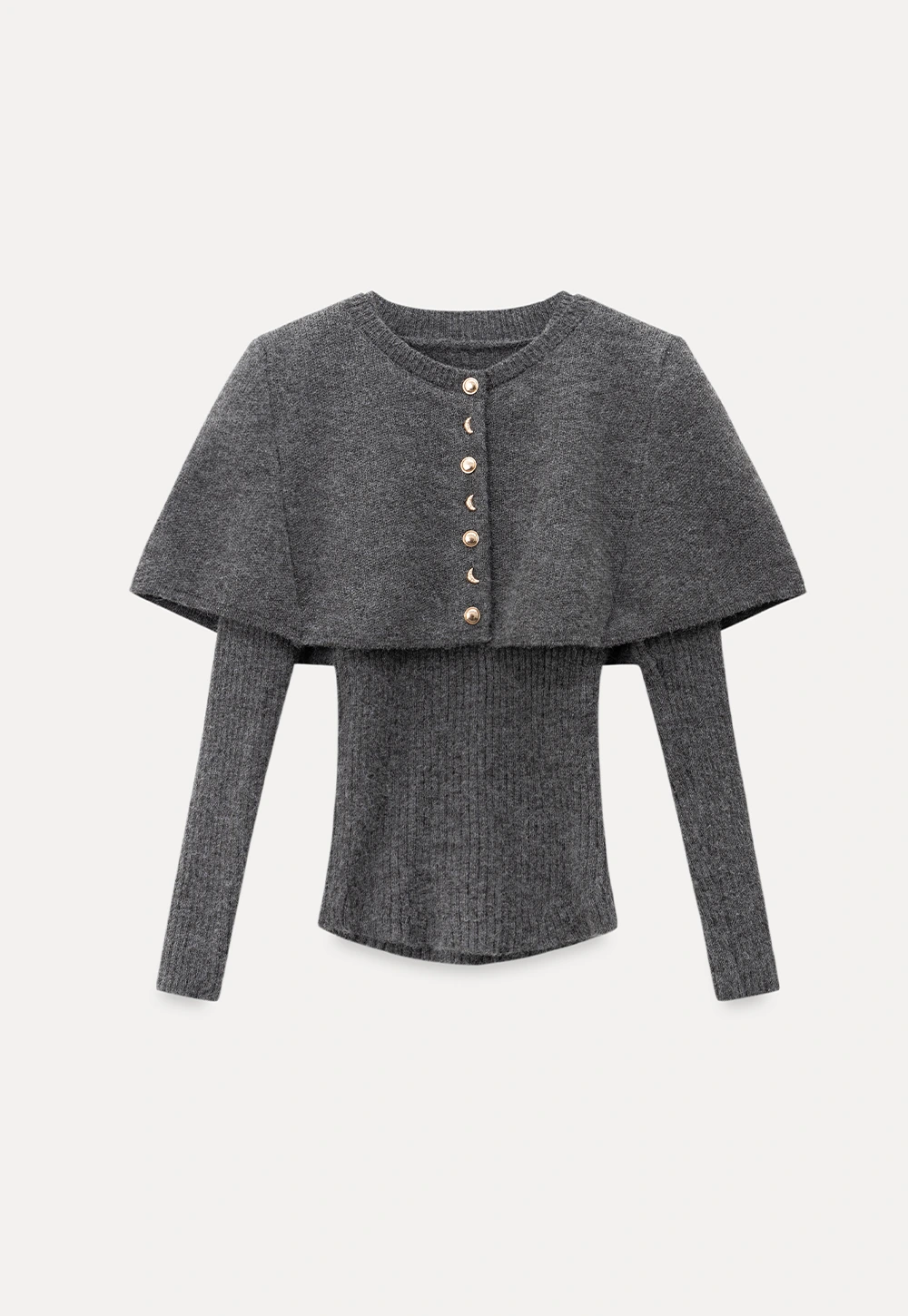Cropped Buttoned Cape with V-Neck Fitted Thick Knit Sweater