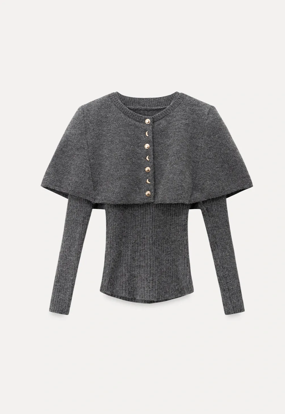 Cropped Buttoned Cape with V-Neck Fitted Thick Knit Sweater
