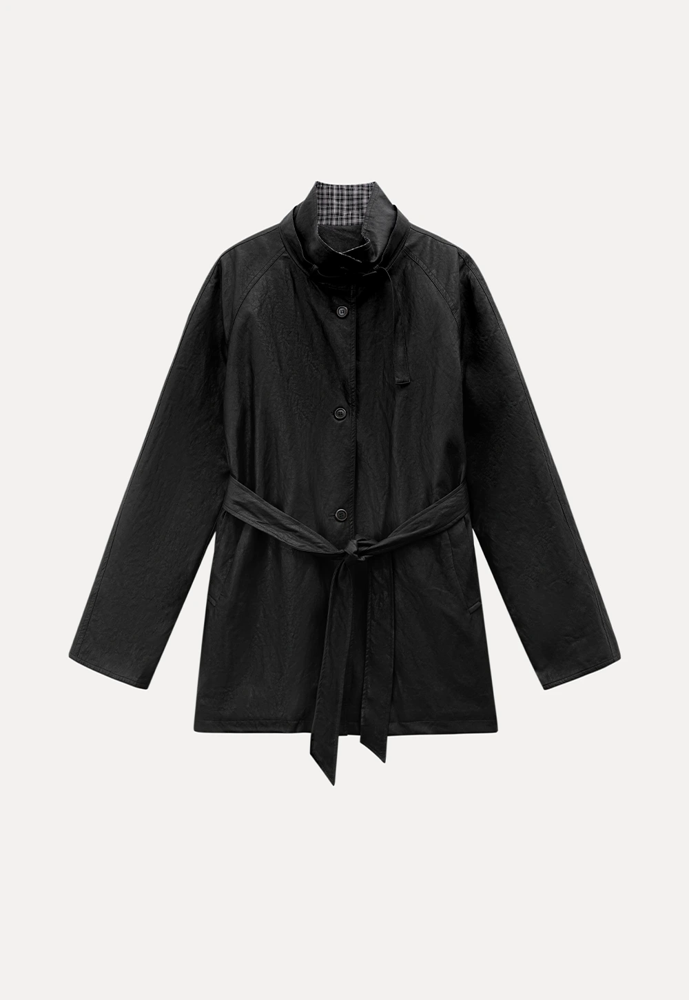 Stand Collar Mid-Length Coat with Plaid Splice and Belt