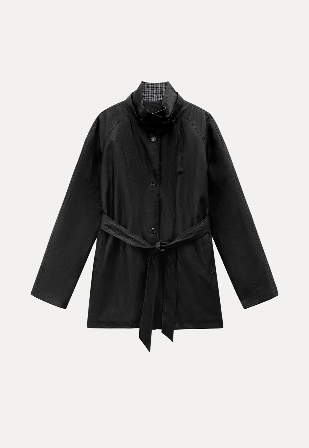 Stand Collar Mid-Length Coat with Plaid Splice and Belt