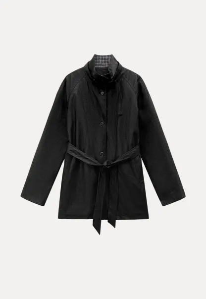 Stand Collar Mid-Length Coat with Plaid Splice and Belt