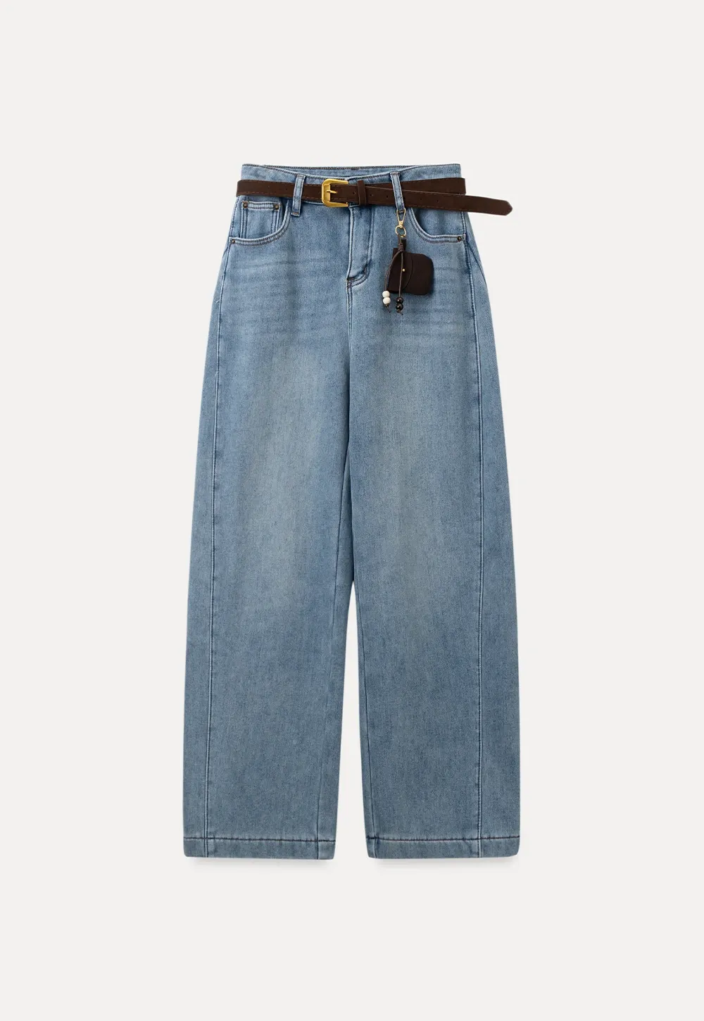 Wide-Leg Denim Jeans with Belt and Charm Detail