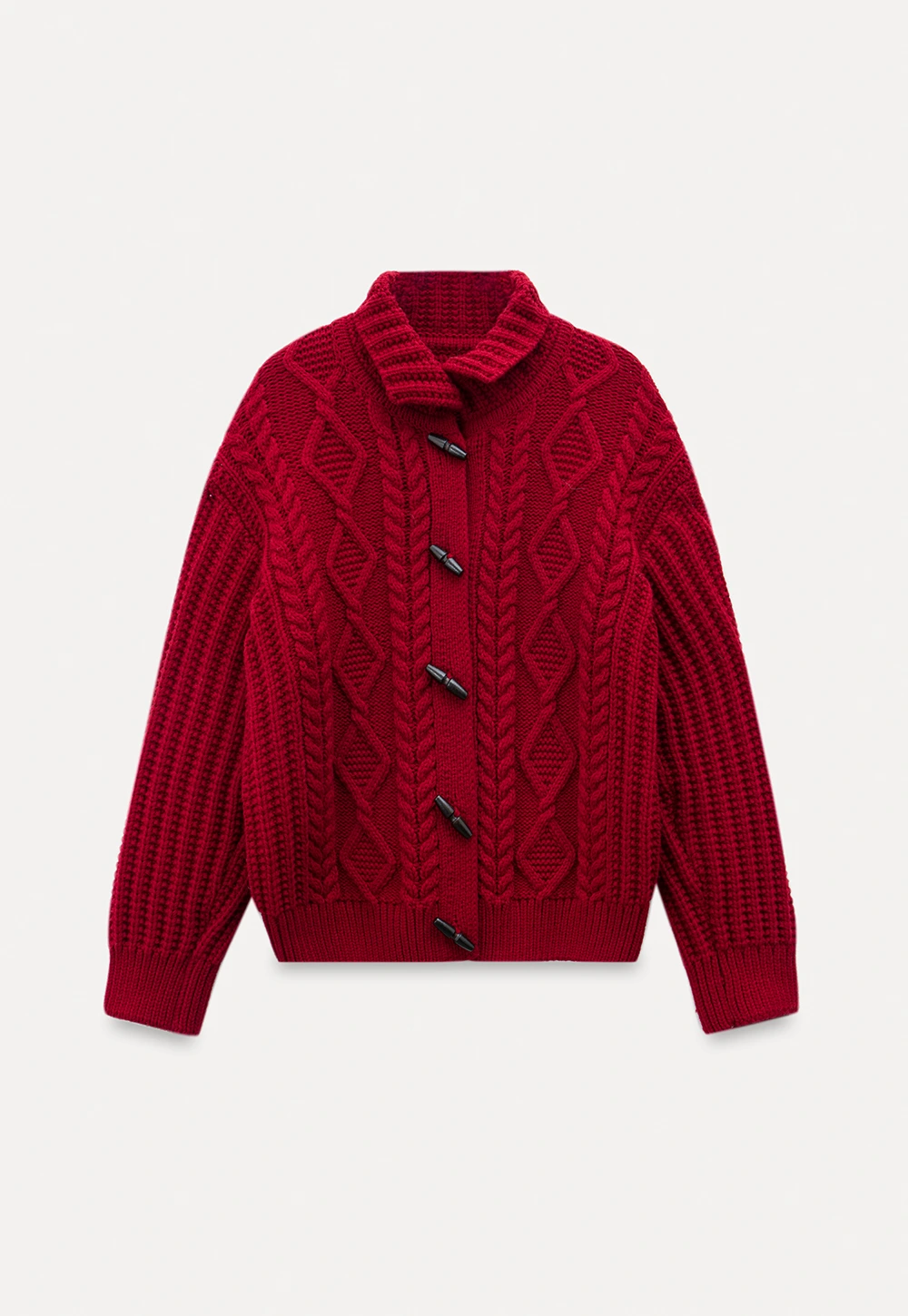 Loose Fit Turtleneck Sweater Cardigan with Cable Knit and Toggle Closure