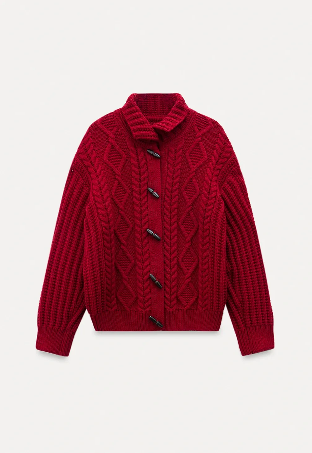 Loose Fit Turtleneck Sweater Cardigan with Cable Knit and Toggle Closure