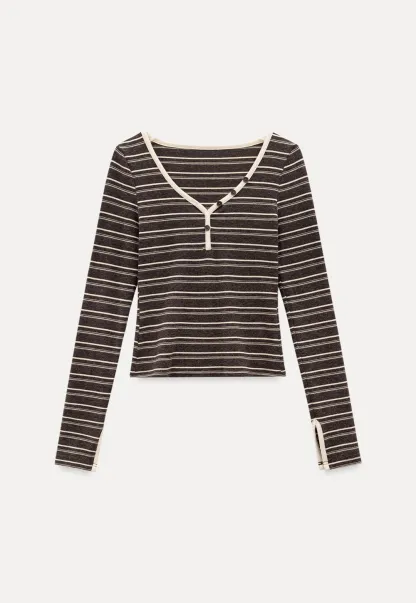 Women Striped Long Sleeve V-Neck Top