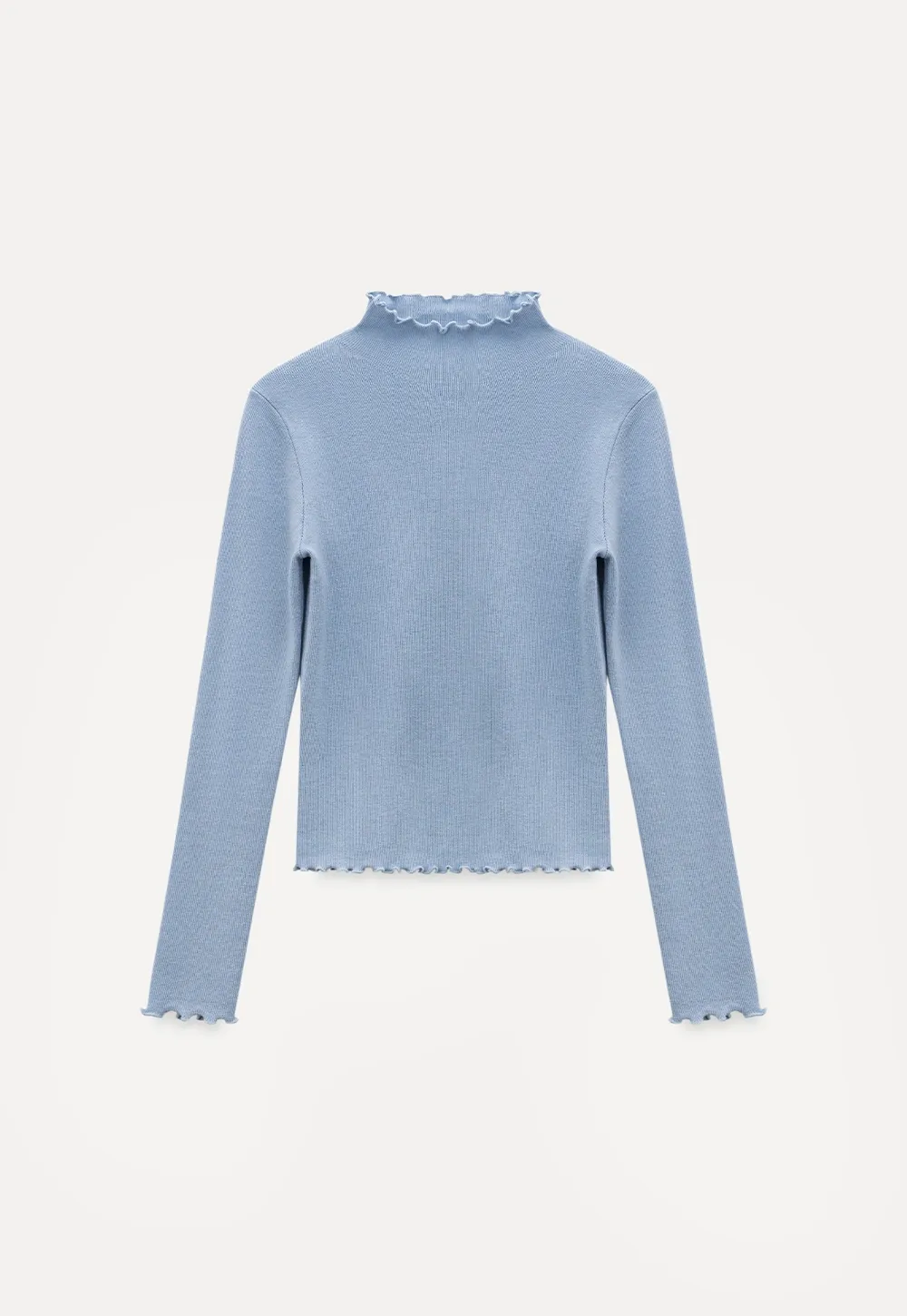 Chic Light Blue Ruffle Trim Turtleneck Sweater