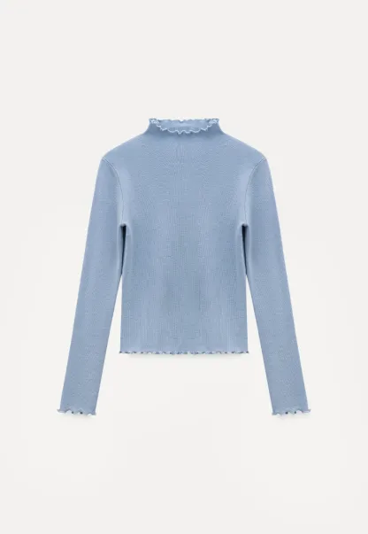 Chic Light Blue Ruffle Trim Turtleneck Sweater