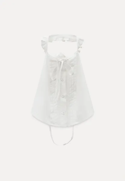 Women White Ruffle Collar Button-Down Crop Top