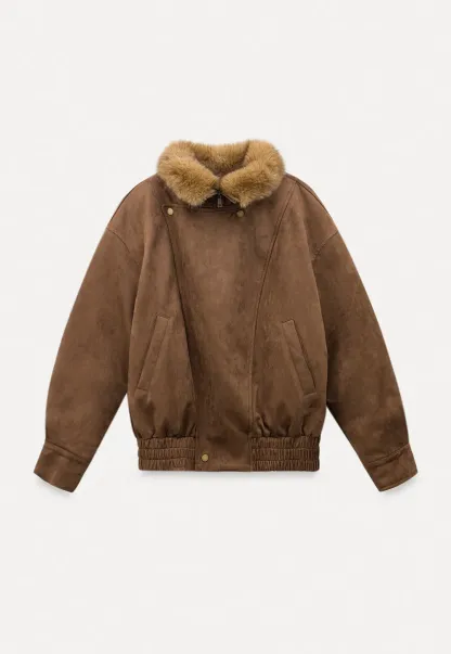 Faux Suede Jacket with Fur Collar