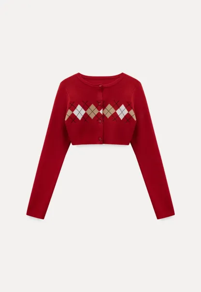 Women Red Tank Top and Argyle Cardigan Set