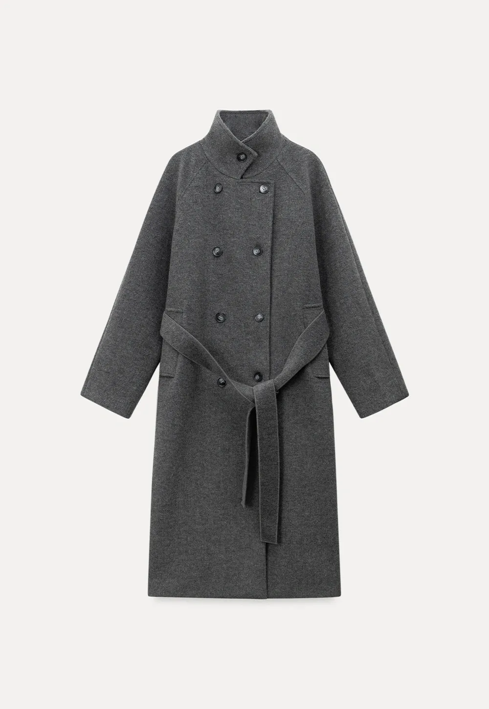 Women Classic Wool Coat with Button Details and Waist Belt