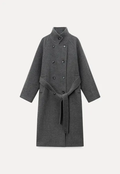 Women Classic Wool Coat with Button Details and Waist Belt