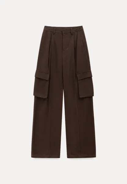 Women Brown Wide-Leg Cargo Pants with Pockets